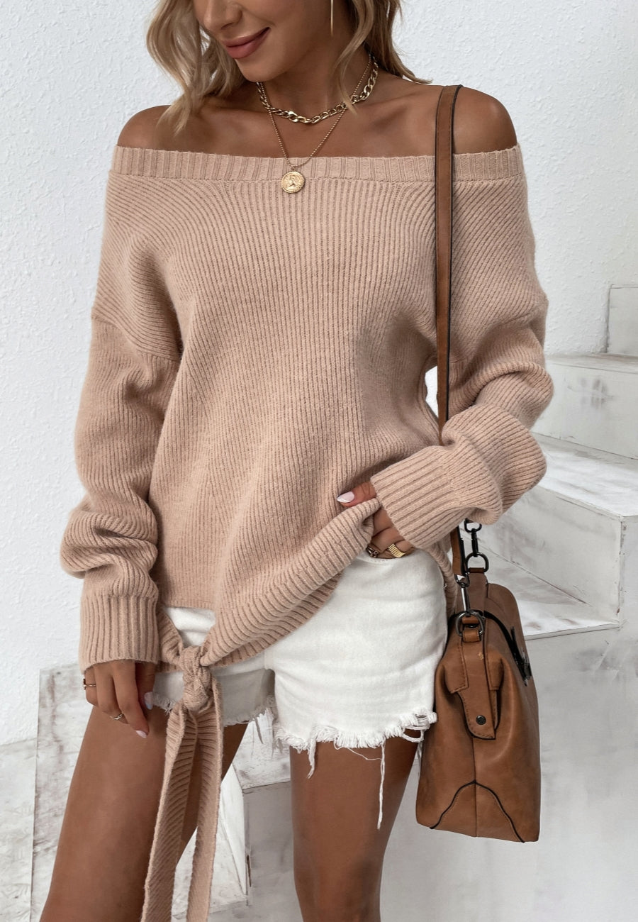 Off Shoulder Tie Hem Sweater