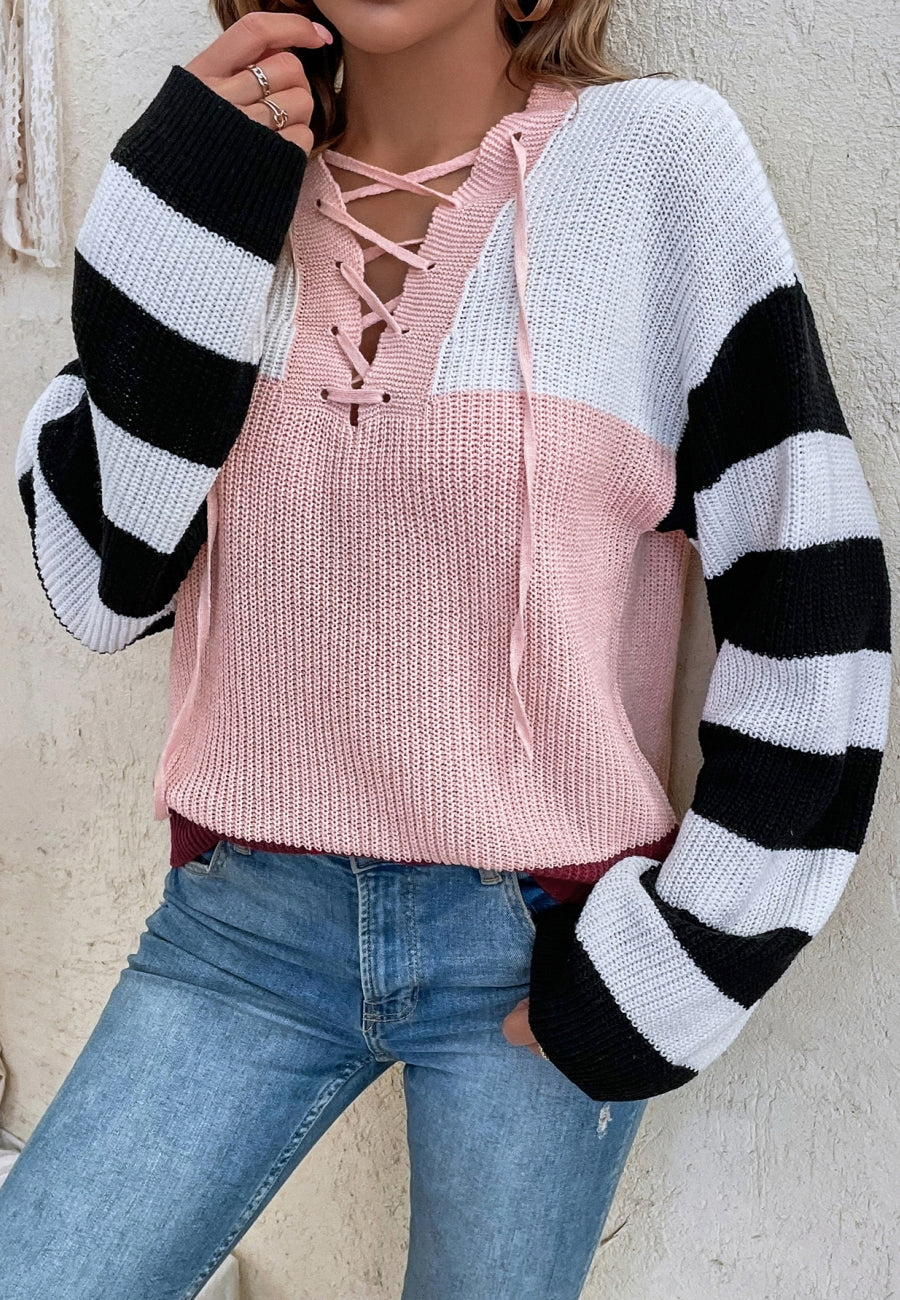 Lace Up Color Block Sweater