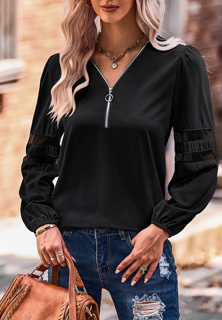 V Neck Mesh Sleeve Detail Blouse