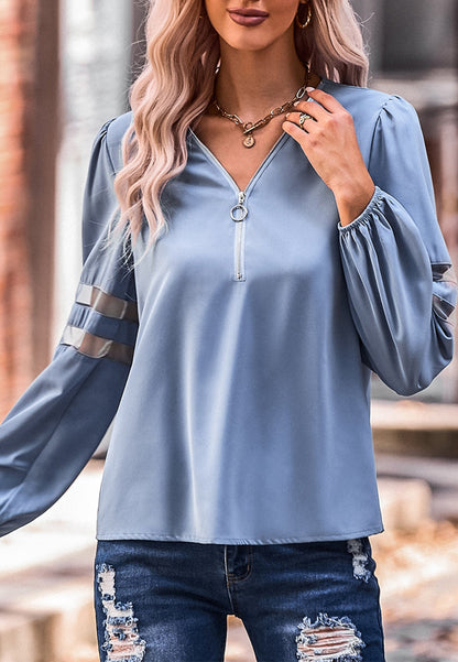 V Neck Mesh Sleeve Detail Blouse