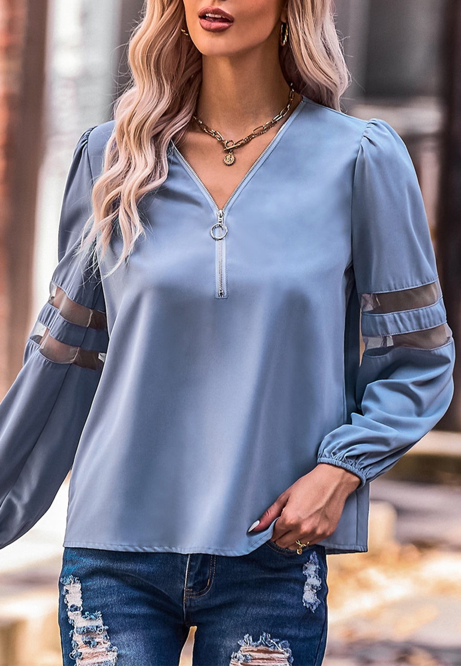 V Neck Mesh Sleeve Detail Blouse