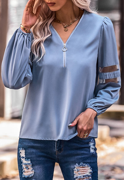 V Neck Mesh Sleeve Detail Blouse