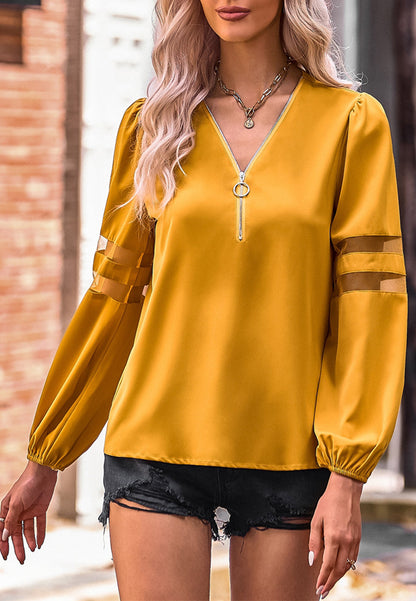 V Neck Mesh Sleeve Detail Blouse