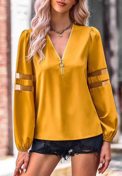 V Neck Mesh Sleeve Detail Blouse