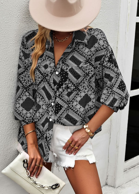 Geometric Bandana Print Button Blouse