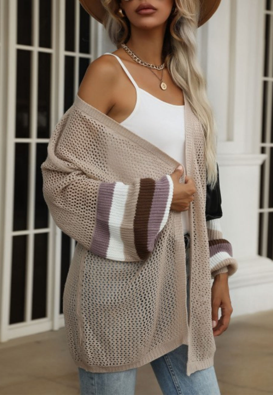 Crochet Knit Striped Sleeve Cardigan