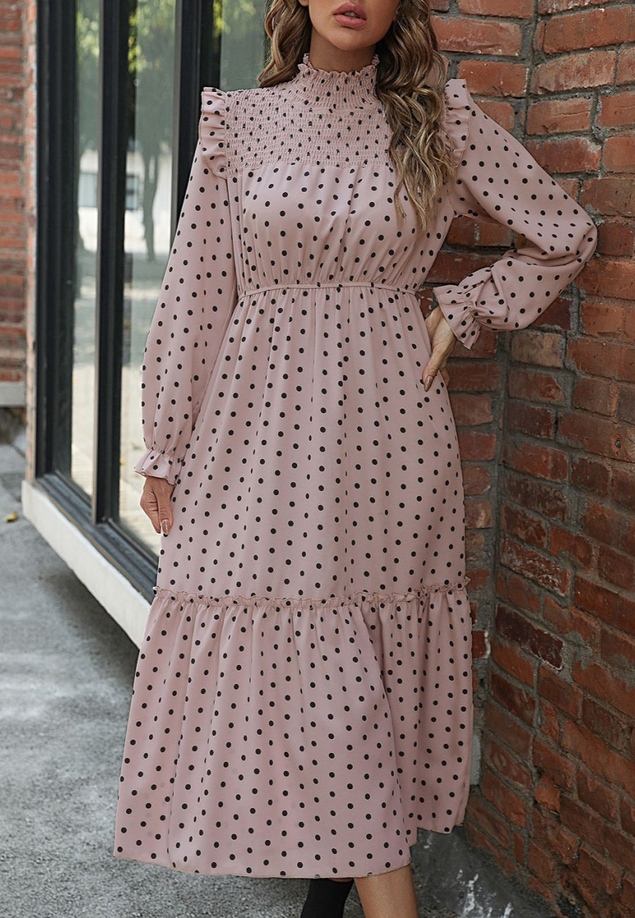 Shirred Neck Polka Dot Dress