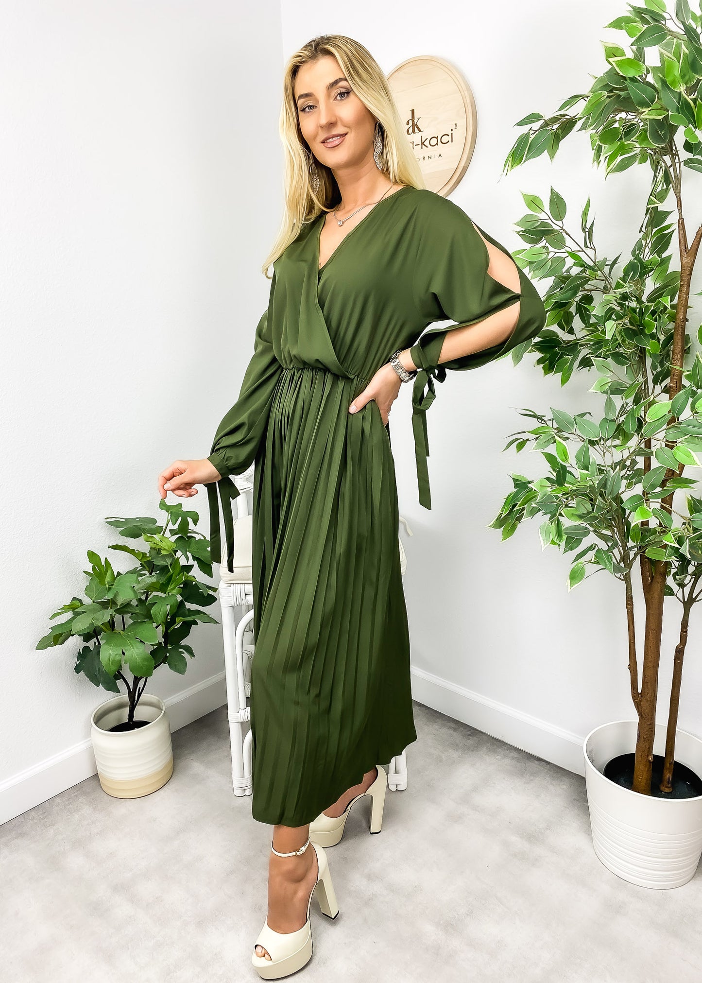 Sleeve Cutout Pleated Dress