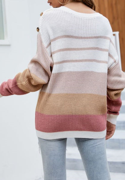 Contrast Button Shoulder Striped Sweater