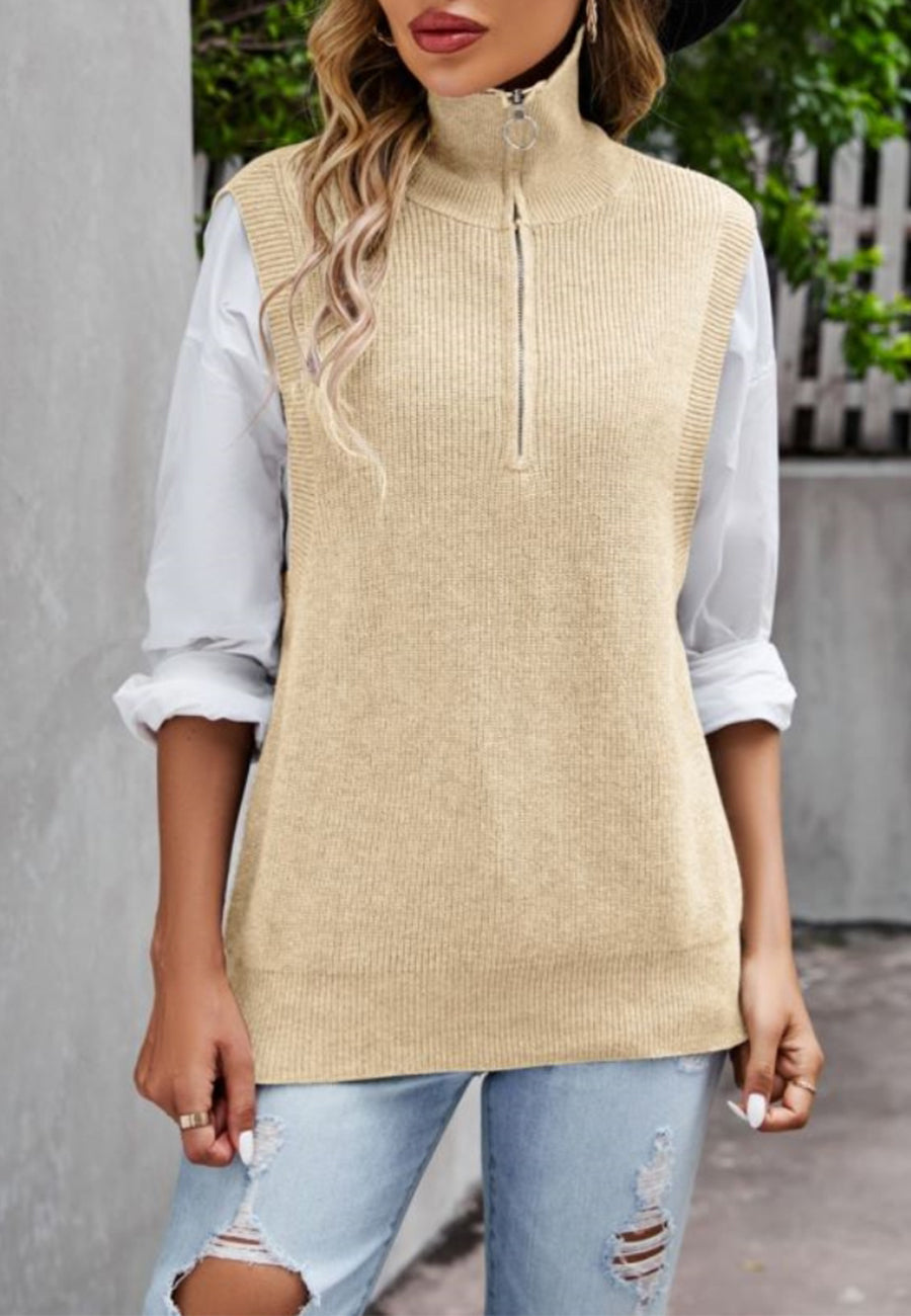 Solid Color Zip-Up Sweatervest