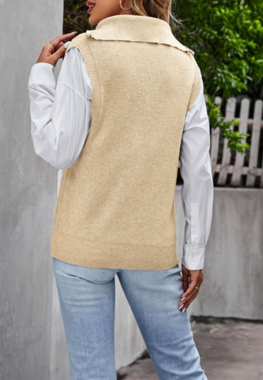 Solid Color Zip-Up Sweatervest