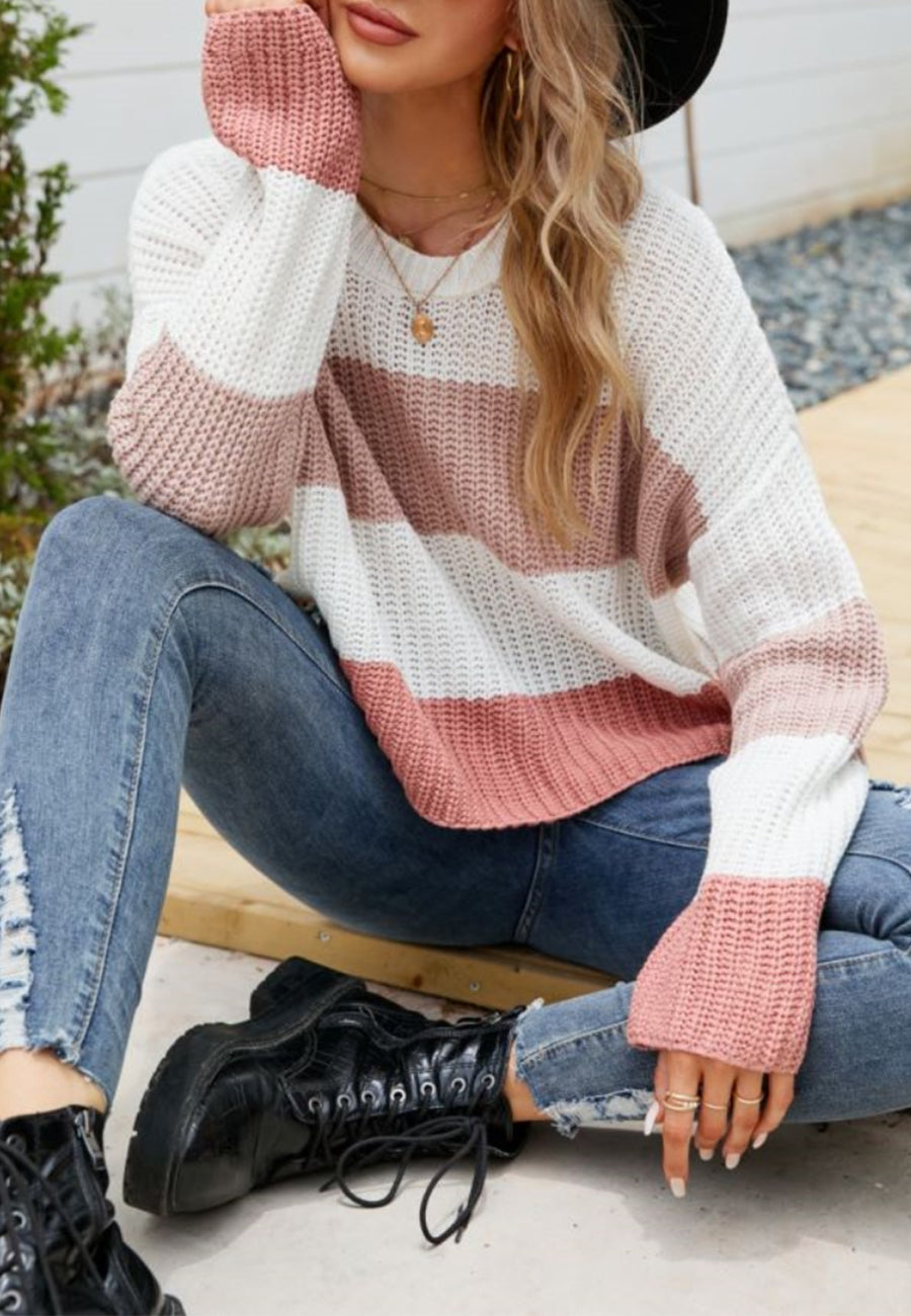 Textured Knit Striped Basic Sweater