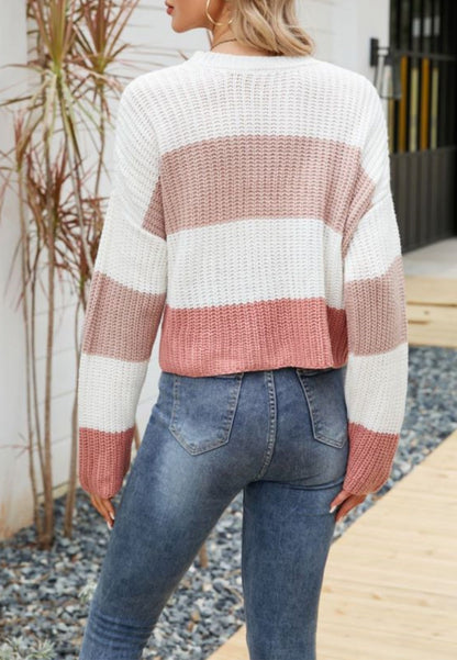 Textured Knit Striped Basic Sweater