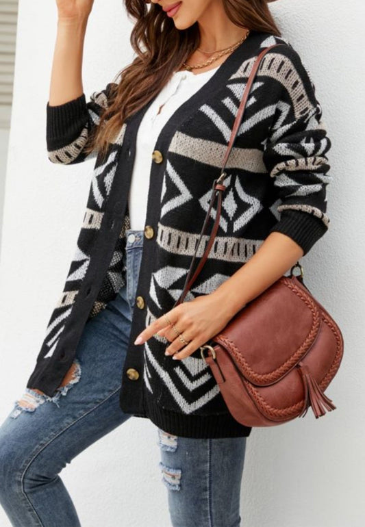 Aztec Print Button Down Cardigan