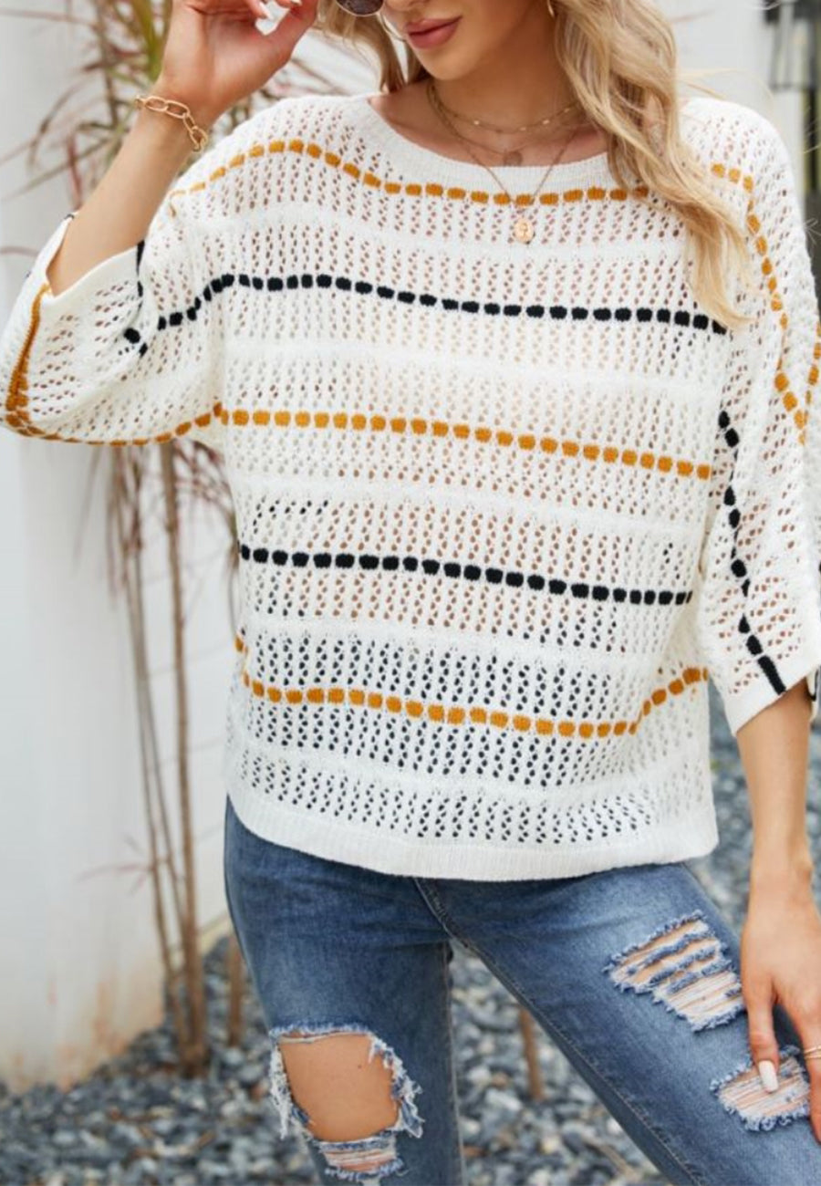 Striped Knit Three Quarter Sleeve Sweater