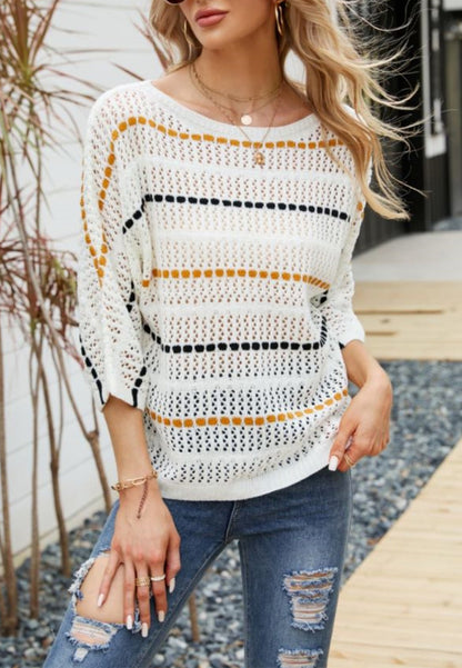 Striped Knit Three Quarter Sleeve Sweater