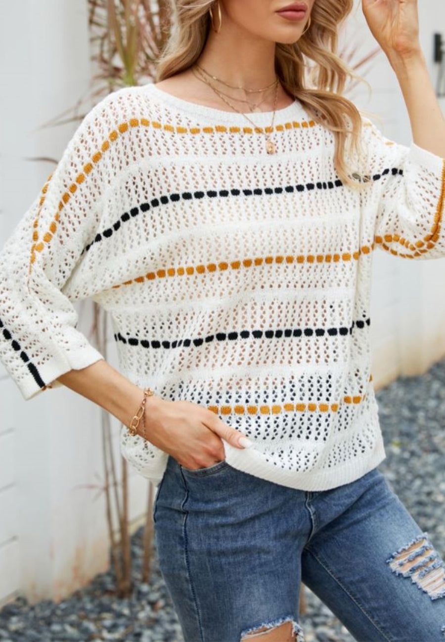 Striped Knit Three Quarter Sleeve Sweater