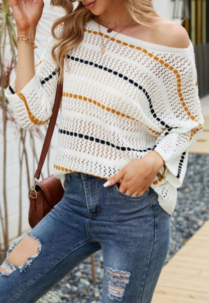 Striped Knit Three Quarter Sleeve Sweater