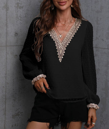 Swiss Dot Contrast Lace Blouse