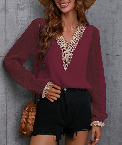 Swiss Dot Contrast Lace Blouse