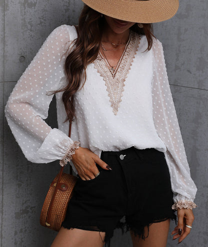 Swiss Dot Contrast Lace Blouse