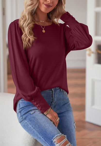 Solid Color Button Cuff Blouse