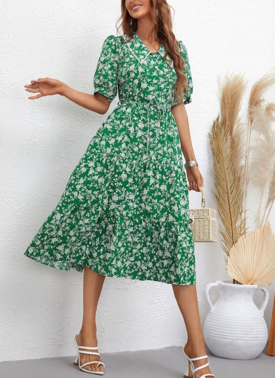 Collared Floral Print Puff Sleeve Fall Dress Below Knee Length