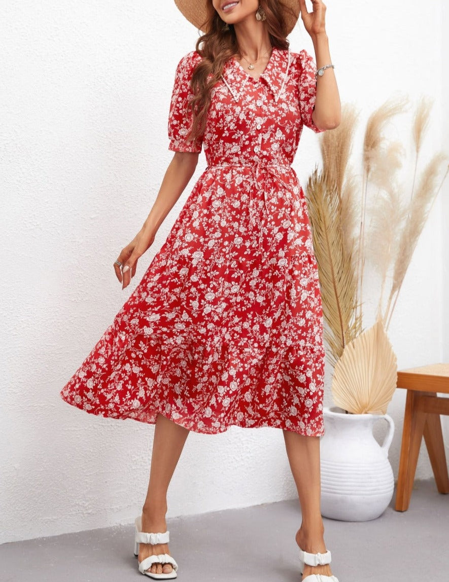 Collared Floral Print Puff Sleeve Fall Dress Below Knee Length