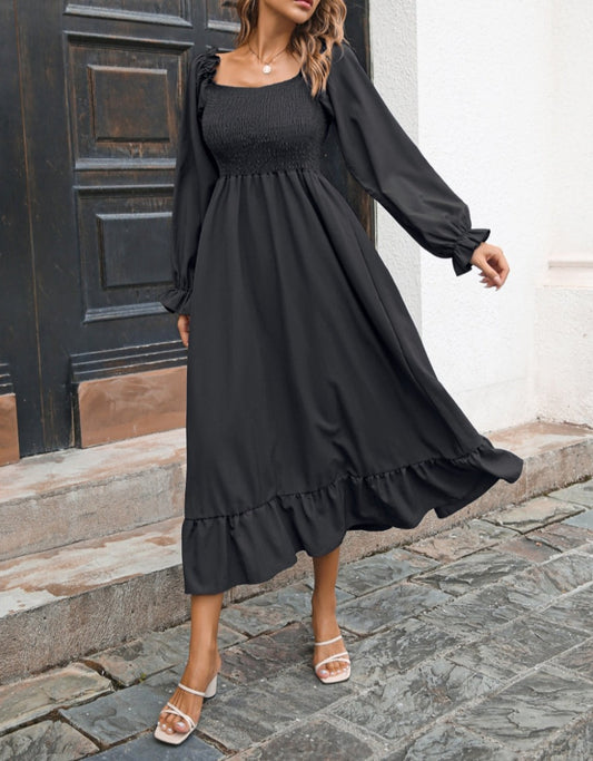 Square Neck Shirred Midi Dress