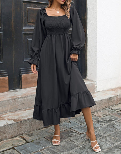 Square Neck Shirred Midi Dress