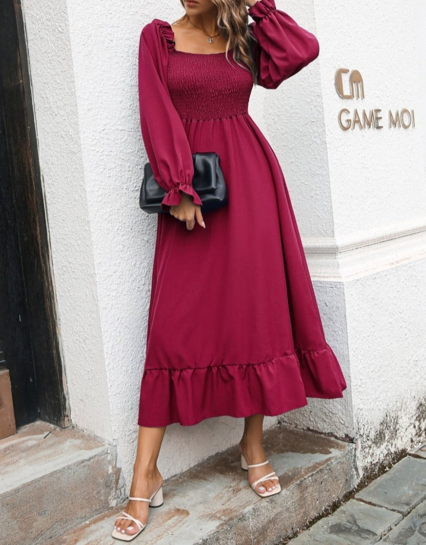 Square Neck Shirred Midi Dress