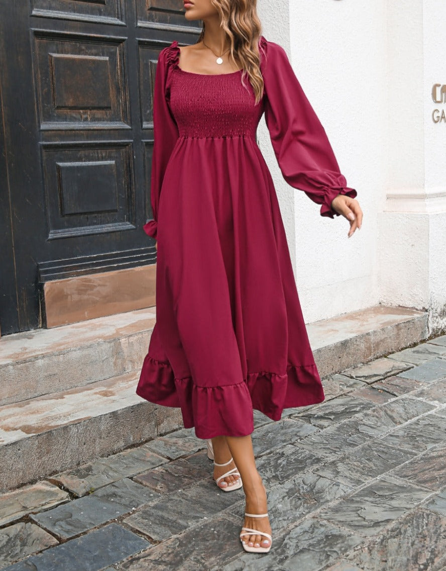 Square Neck Shirred Midi Dress