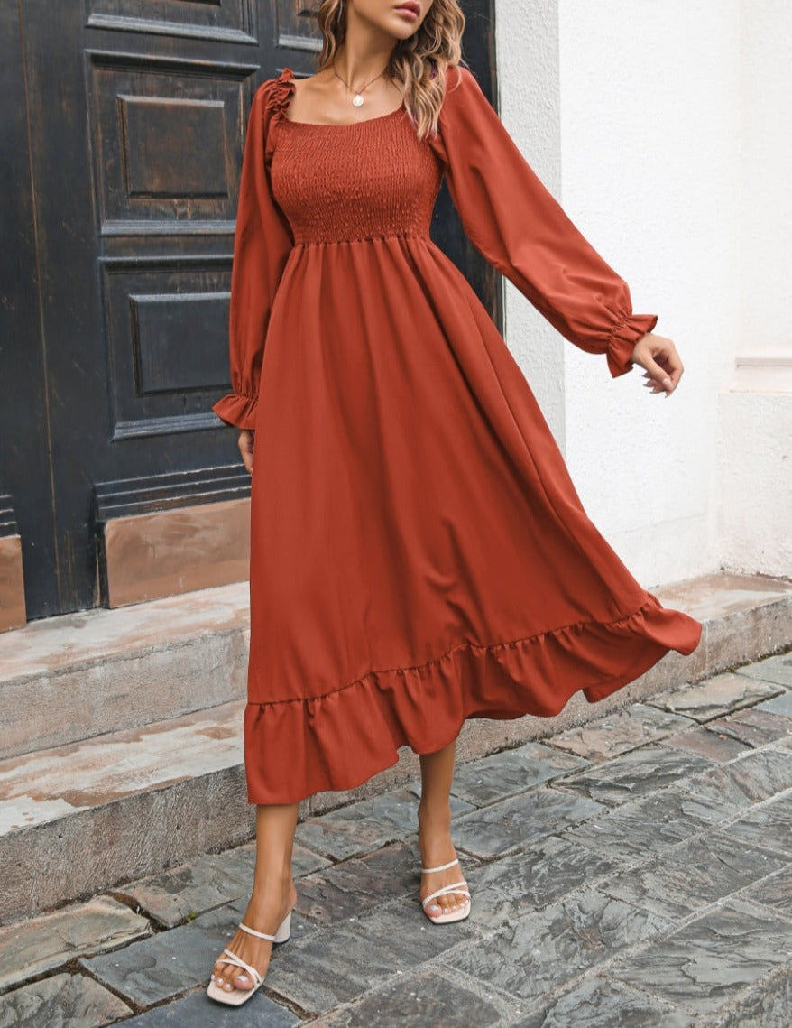 ANNA-KACI Women's Square Neck Shirred Ruffle Hem Long Sleeve Maxi Dress,  Beige, Small : : Clothing, Shoes & Accessories