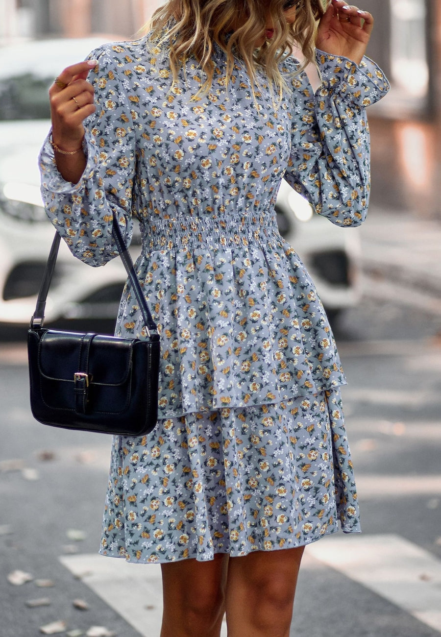 Floral Shirred Neck Tiered Dress