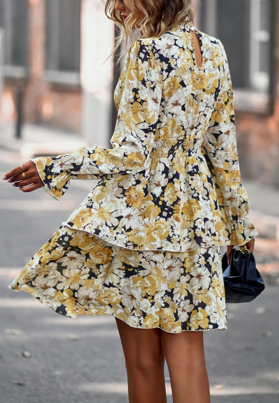 Floral Shirred Neck Tiered Dress