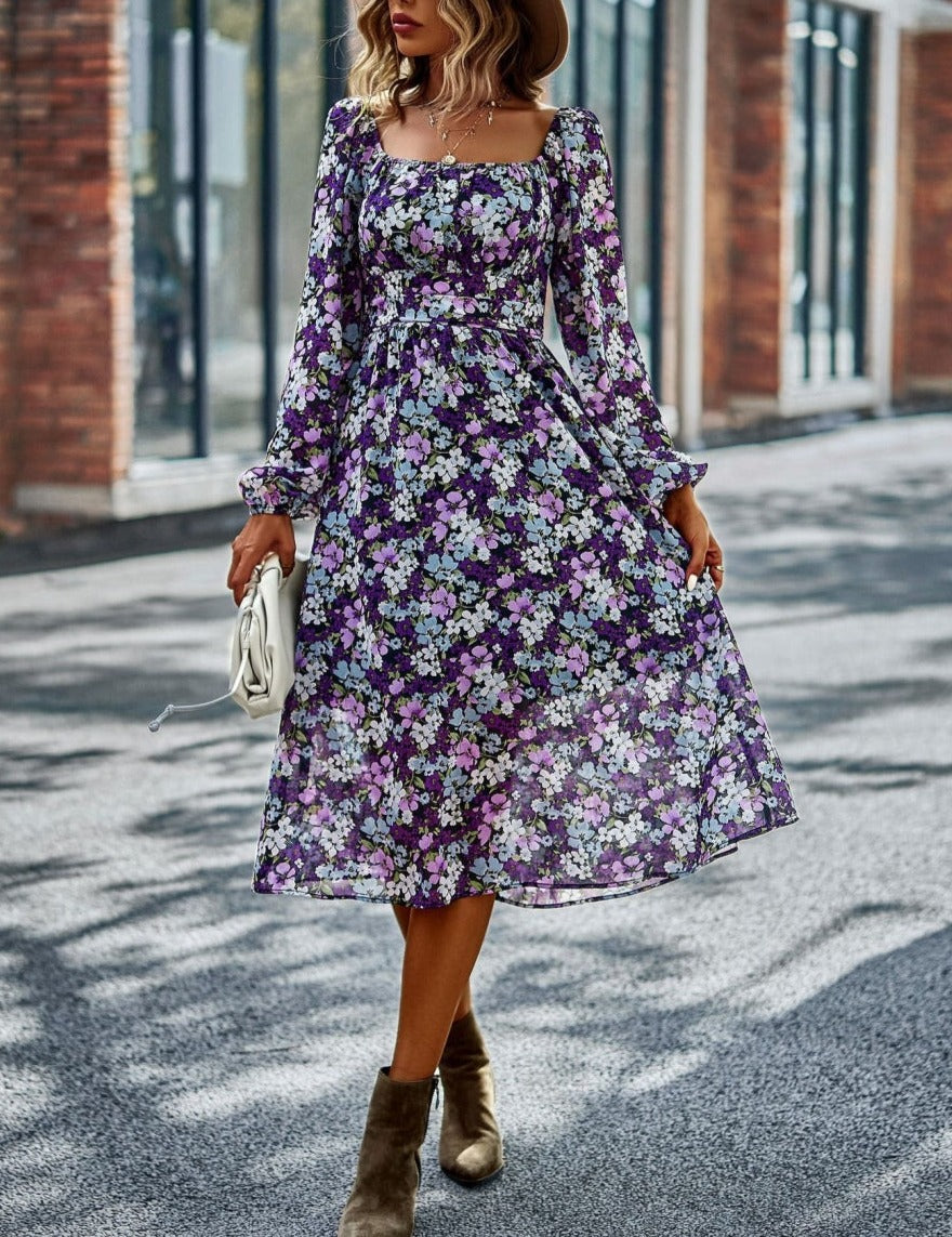 Square Neck Printed Flowy Dress