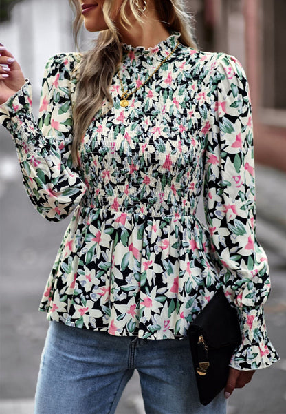 Printed Shirred Neck Peplum Blouse