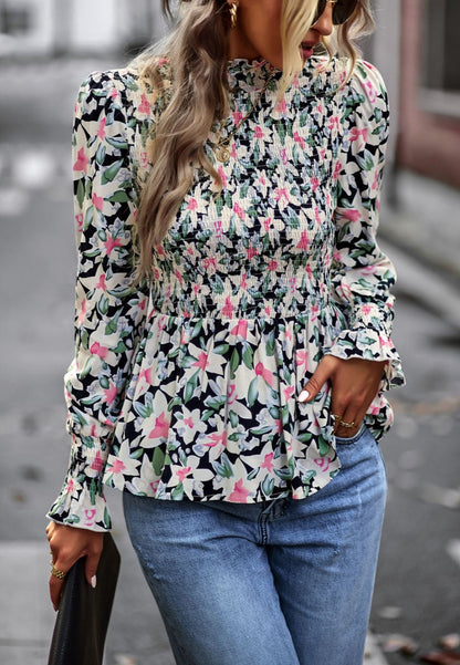 Printed Shirred Neck Peplum Blouse