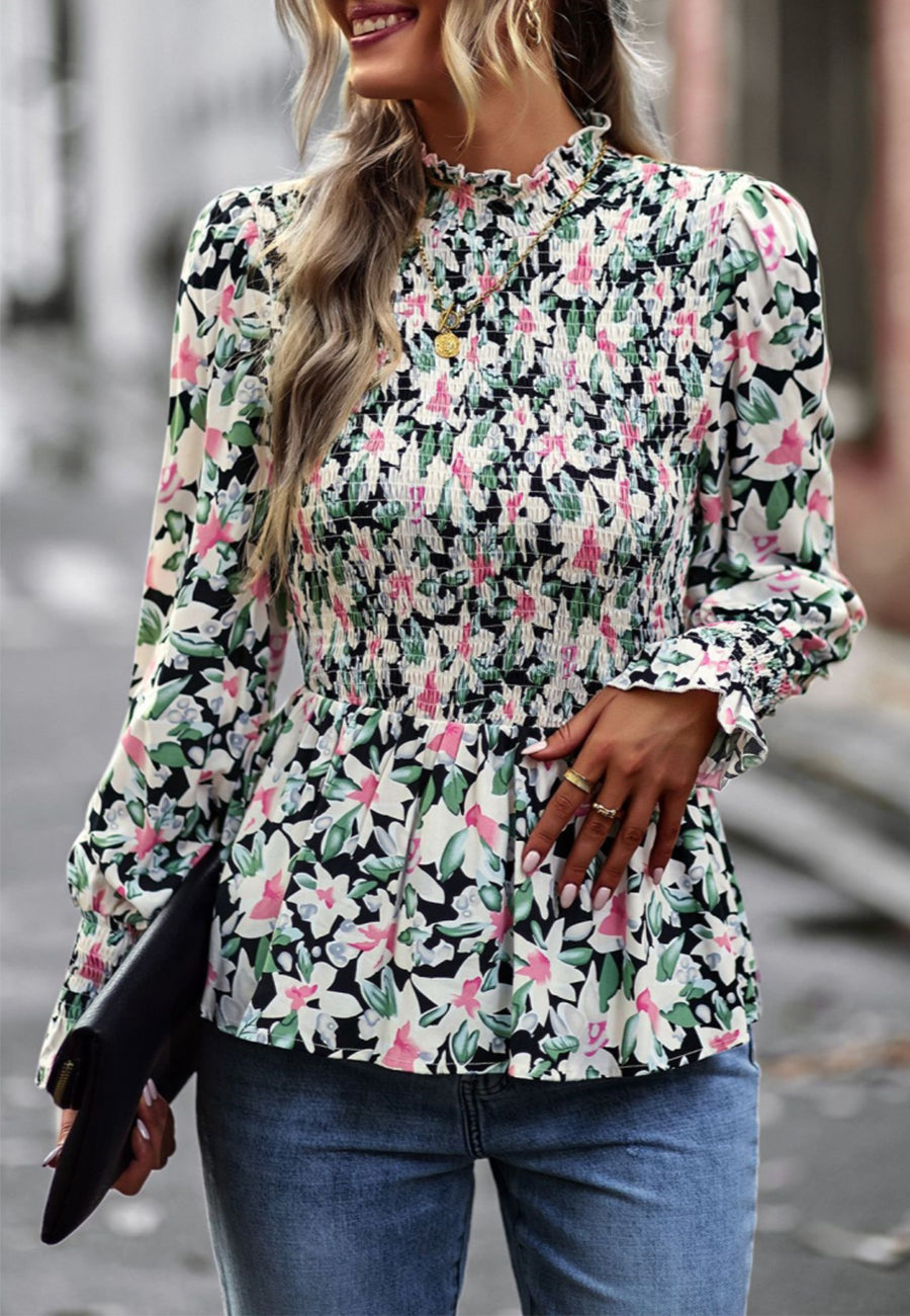 Printed Shirred Neck Peplum Blouse