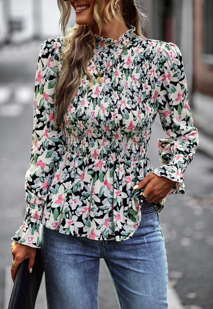 Printed Shirred Neck Peplum Blouse