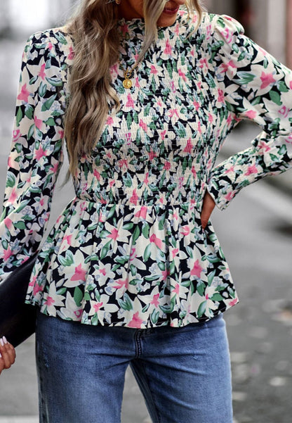 Printed Shirred Neck Peplum Blouse