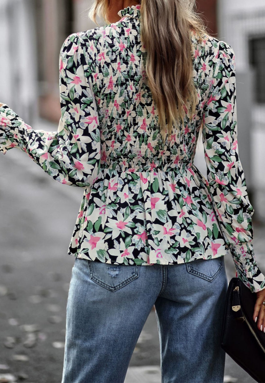 Printed Shirred Neck Peplum Blouse