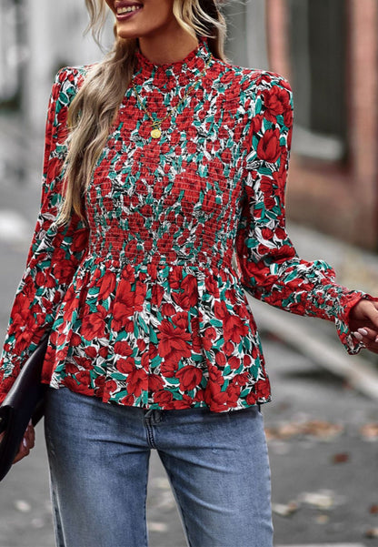 Printed Shirred Neck Peplum Blouse