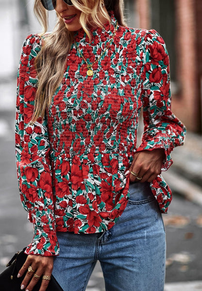 Printed Shirred Neck Peplum Blouse