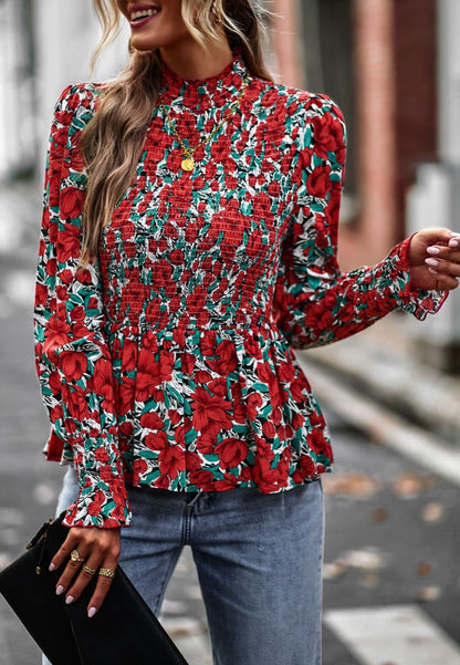 Printed Shirred Neck Peplum Blouse