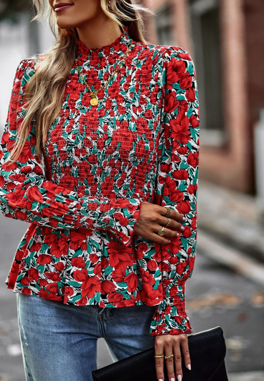 Printed Shirred Neck Peplum Blouse