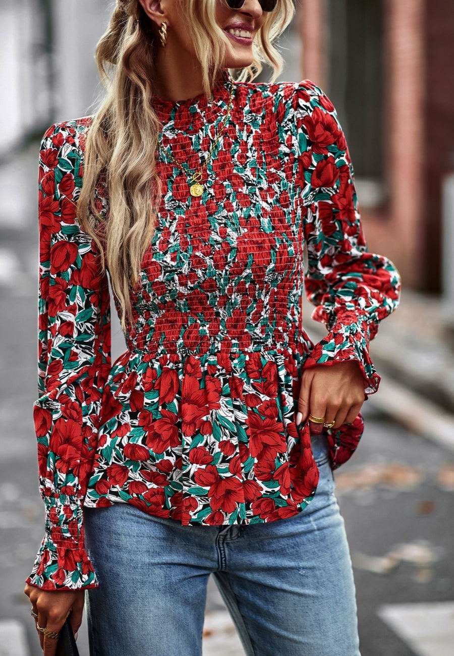 Printed Shirred Neck Peplum Blouse