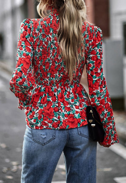 Printed Shirred Neck Peplum Blouse