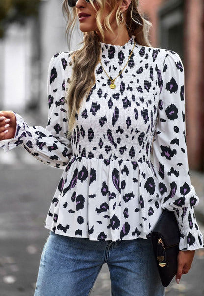 Printed Shirred Neck Peplum Blouse