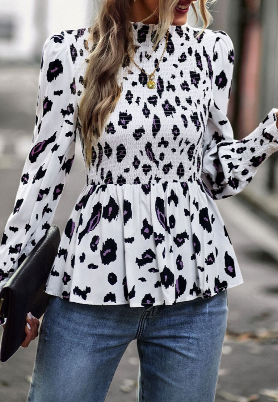 Printed Shirred Neck Peplum Blouse